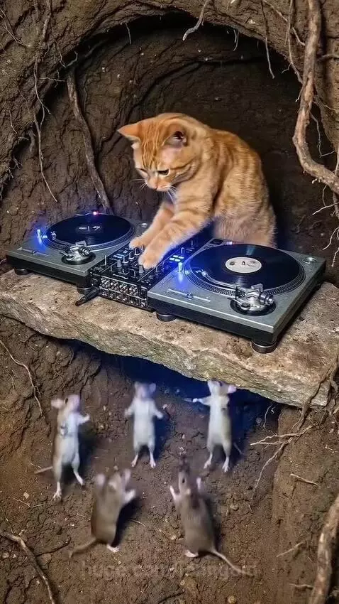 An orange tabby cat DJing with glowing turntables, while five mice dance energetically below in a dirt burrow.