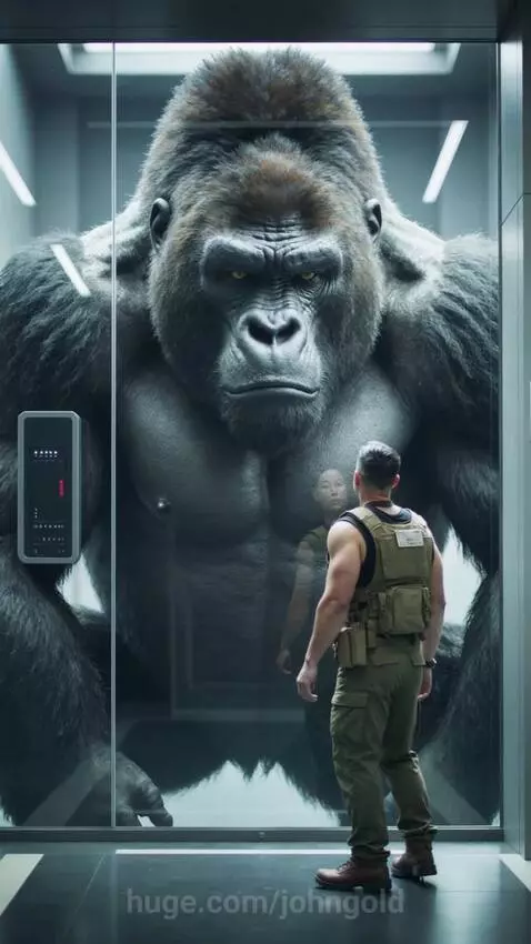 A man stands recoiling as he watches a massive silverback gorilla through reinforced glass in a futuristic facility.