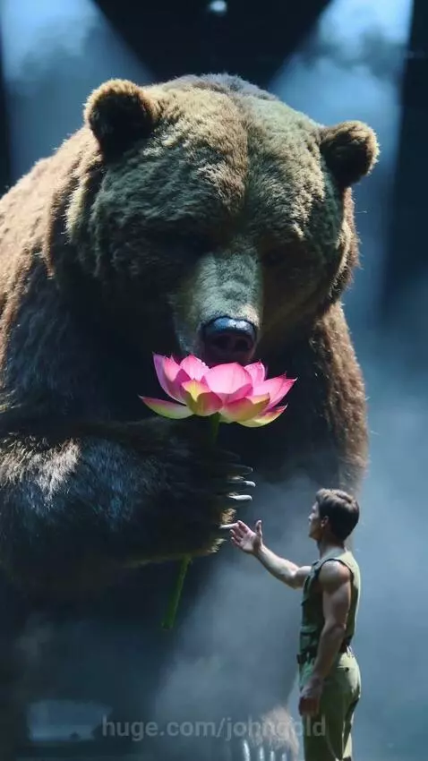A large grizzly bear gently holds a pink and yellow lotus flower in its paws, with a zookeeper reaching out.