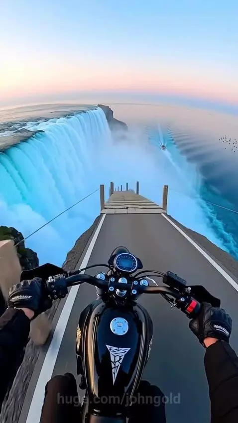 First-person view of a motorcycle riding on a wooden bridge over a large waterfall, with mist rising.