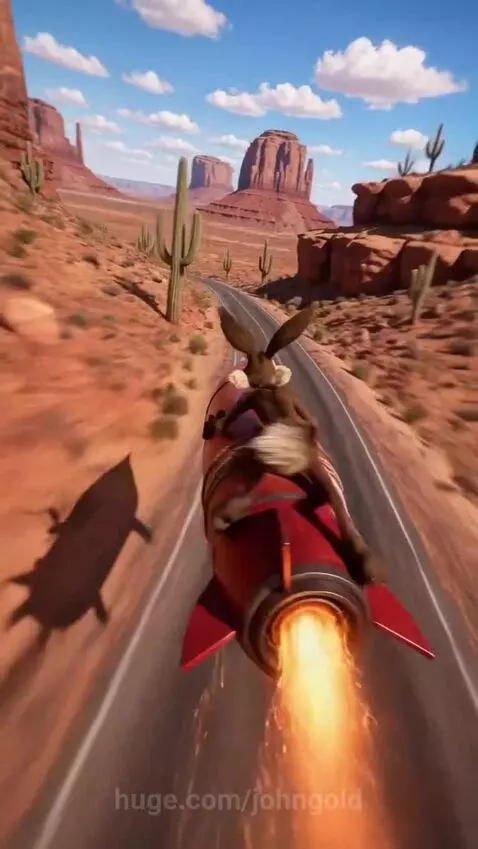 Wile E. Coyote riding a red ACME rocket at high speed through a desert with red rock formations.
