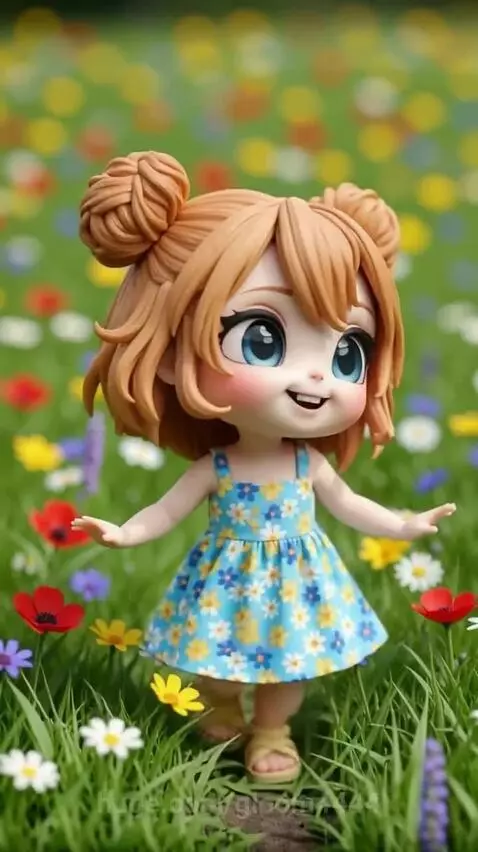 3D animated girl with twin buns running through a meadow filled with wildflowers, a bee flying nearby.