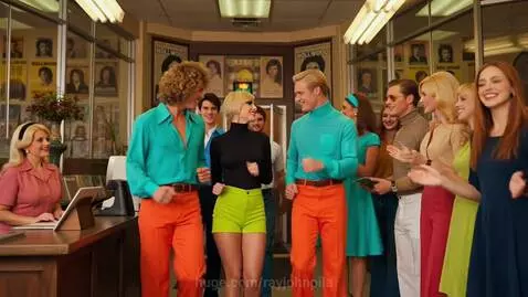 People in 1970s fashion browsing records and dancing in a lively record store called Record City.