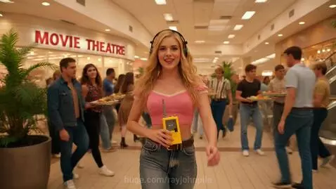 Teens in 1980s fashion dancing and shopping at South Valley Mall, with classic cars visible.