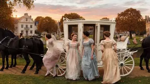 Elegant Regency-era couple in formal attire, preparing for a ball.
