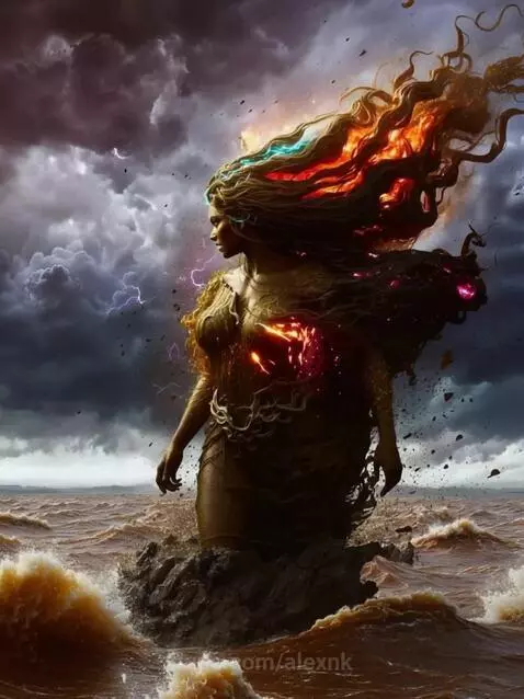 The African goddess of storms, Oya, moves forward, waves her... by alexnk