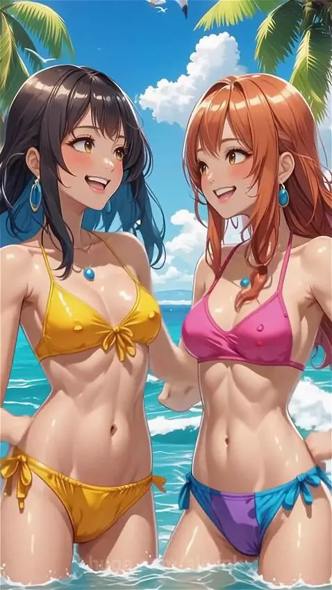 Two anime girls laughing and swimming in the ocean by alexnk