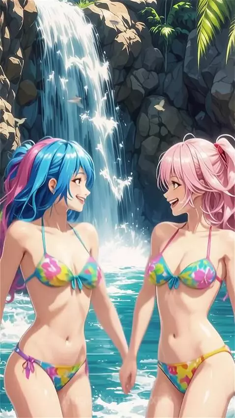 Two anime girls laughing, dancing at a waterfall by alexnk