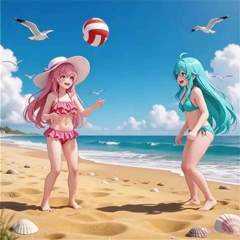 Anime girls playing with a ball by alexnk
