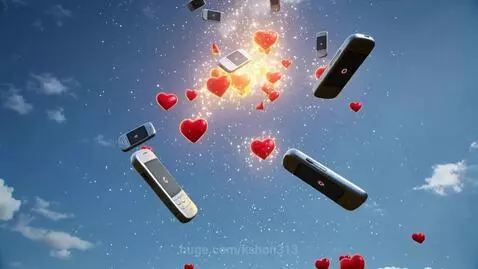 Animated scene of cell phones and glowing red hearts falling from a blue sky with clouds onto a green landscape.