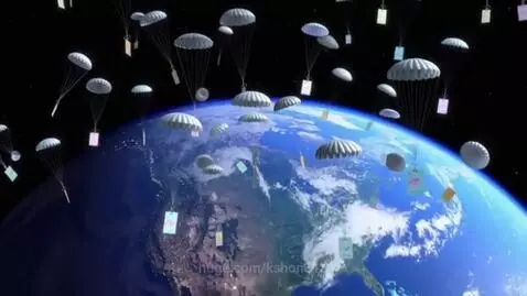 A vibrant blue Earth in space with white parachutes carrying colorful objects descending towards it.