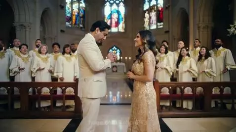 Couple holding hands in a church during a wedding ceremony, with a choir singing behind them.