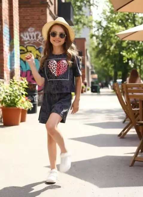 Young girl with straw hat and sunglasses dancing on a city sidewalk with graffiti art.