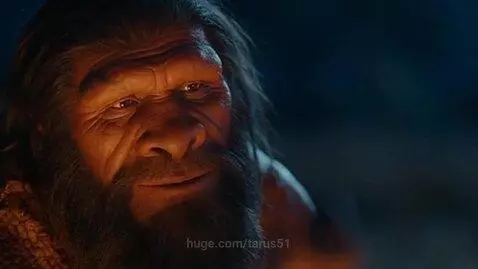 Four types of early humans - Neanderthal, Homo erectus, Denisovan, Cro-Magnon - sit around a campfire at night, faces lit by the flames.