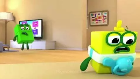 Animated green block character looking upset in a living room, being scolded by a purple block character.