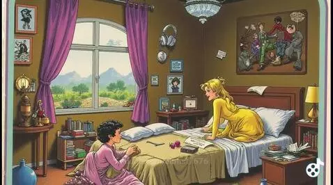 Bedroom illustration with two women, purple curtains, mountain view, and detailed decor.