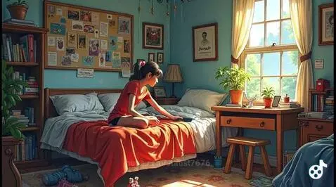 Young girl with dark ponytail in red t-shirt and shorts sits on a bed with an orange blanket, looking at an electronic device.