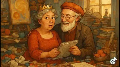 Elderly couple in a cluttered artist studio, man holds sketchbook, woman wears crown.