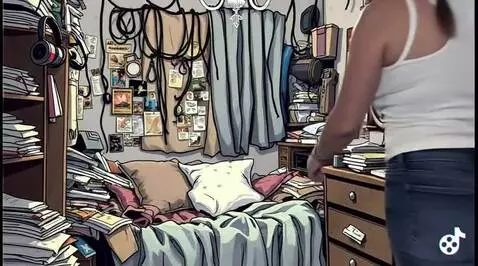 Animated woman in a white tank top and blue jeans enters a very messy room filled with books, papers, and wires.