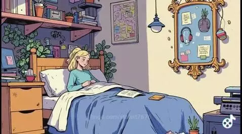 Young woman with blonde ponytail reading a book in a cozy, well-decorated bedroom with plants and books.