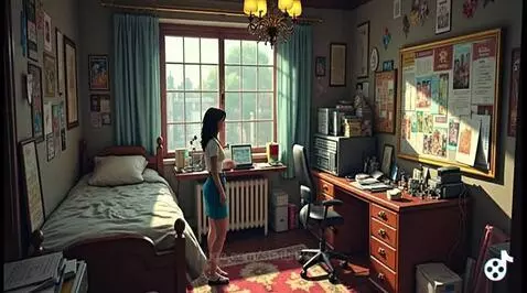 Cartoon-style bedroom with a woman by the window, a bed, desk, and laptop, filled with natural light and wall art.