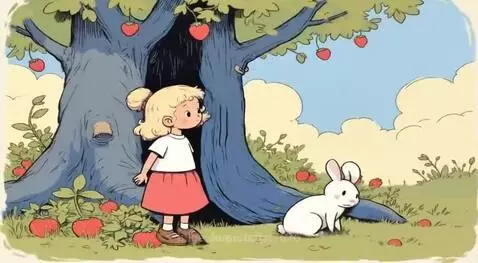 Cartoon girl with pigtails and a white rabbit under a tree with red fruits.