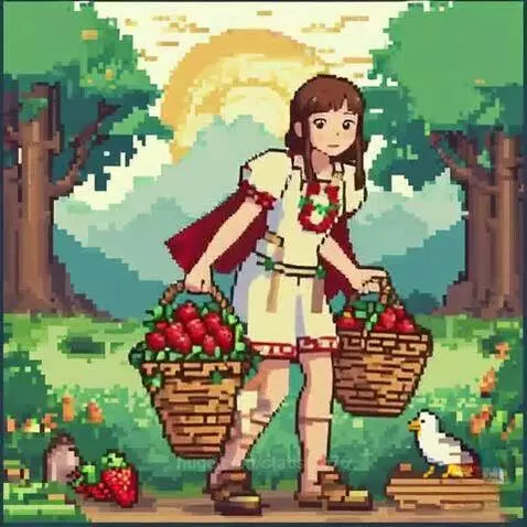 Pixel art girl with brown hair in a white dress and red cape, carrying baskets of strawberries in a lush forest.