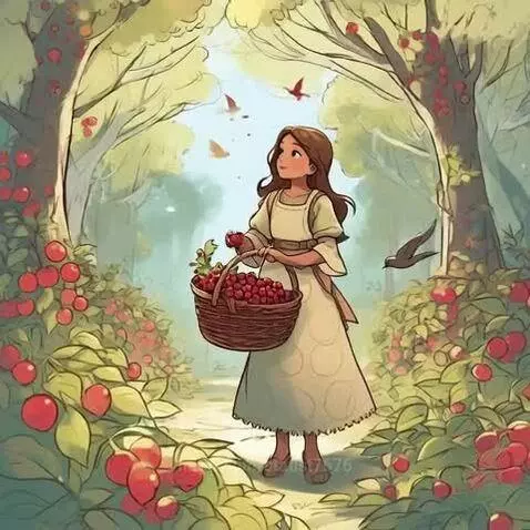 Young girl with long brown hair in a cream dress picking red berries in a vibrant green forest.