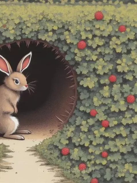 Cartoon illustration of a light brown rabbit with pink ears peeking from a dark burrow entrance, with green foliage and red berries.