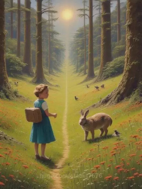 Young girl in blue dress with backpack on forest path, facing a rabbit, with tall trees and a glowing sun.