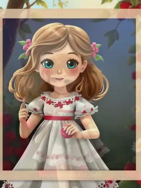 Animated girl with brown hair and blue eyes in a white dress with red embroidery, smiling in a garden with strawberries and a rabbit.