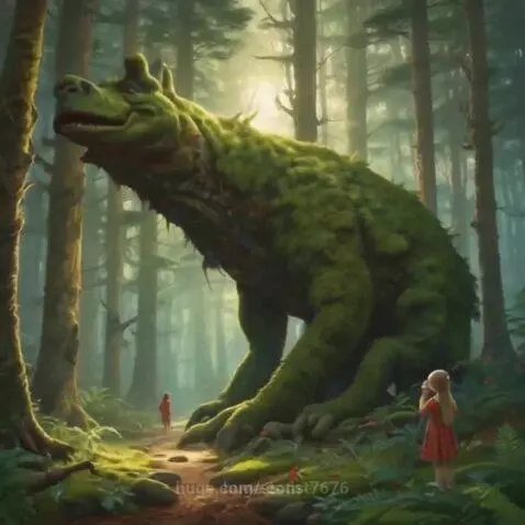 A colossal, moss-covered forest creature with a friendly face looks down at two small children in a lush, sunlit forest.
