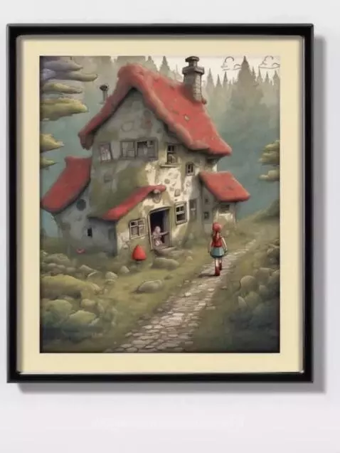 Illustration of a whimsical fantasy house with a red roof, cobblestone path, and a small girl.