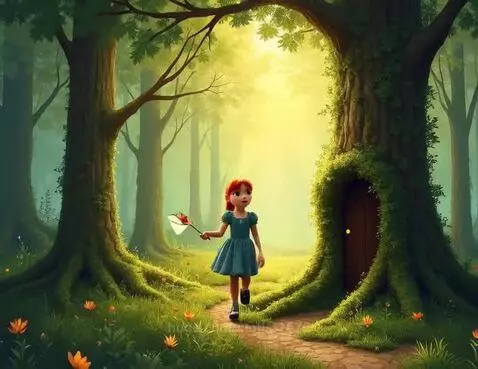 Animated girl with red hair and blue dress catching a butterfly in a sunlit, green forest with a gnome door.