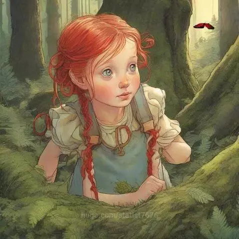 Illustration of a young girl with red braided hair in a green forest, looking up curiously with a butterfly nearby.