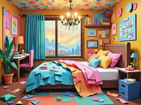A colorful and imaginative bedroom with a papercraft aesthetic, featuring a central bed, desk, and a view of a stylized landscape.