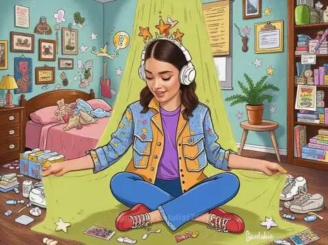 Woman with headphones and star crown sitting in a cluttered room, holding a phone to take a selfie.