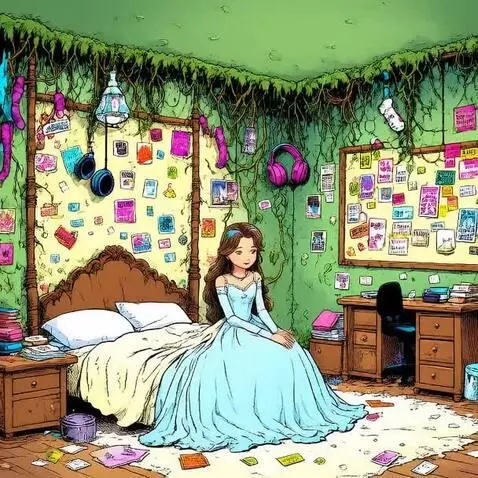 Cartoon-style room with light green walls, vines, a bed, a woman in a blue ball gown, papers, and a desk.
