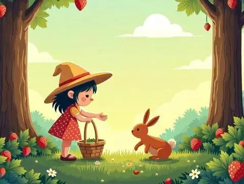 Cartoon girl in red polka-dot dress offering a strawberry to a rabbit in a field of strawberries.