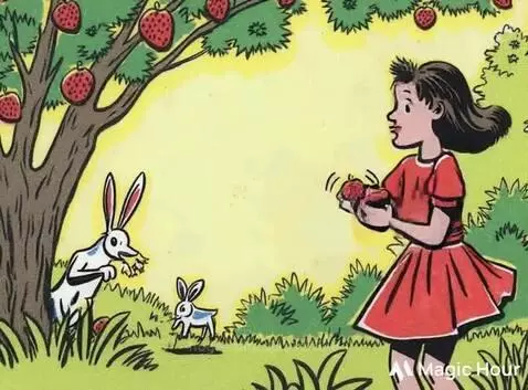 Cartoon girl in red dress picking red fruits from a tree, with two white rabbits on the grass.