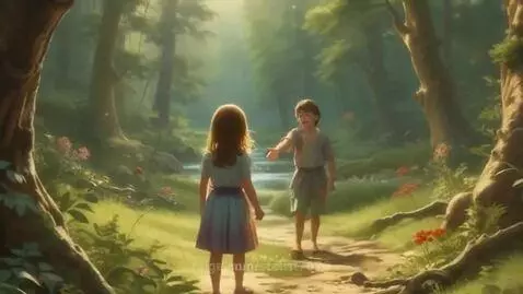 Two young children, a boy and a girl, walk hand-in-hand on a forest path next to a stream.