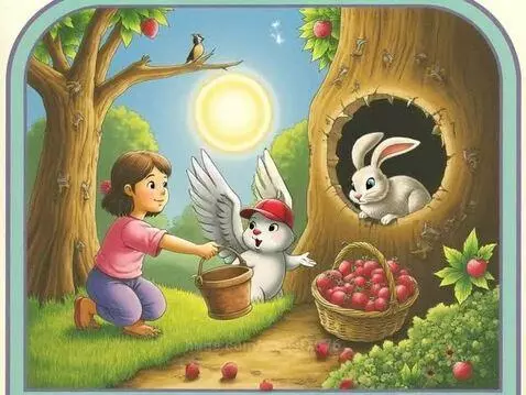 A young girl kneels with a bucket of apples, offering one to a rabbit emerging from a tree hollow, next to a winged creature.