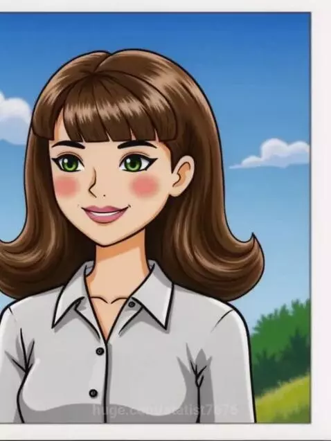 Animated smiling woman with brown hair, green eyes, wearing a white shirt, against a blue sky and green hills.
