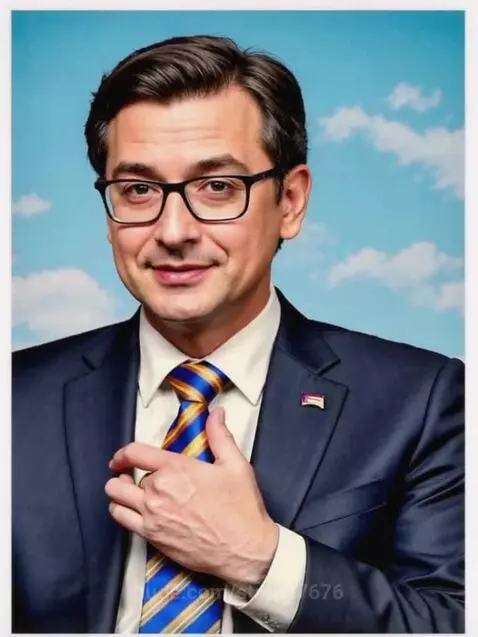Portrait of a well-groomed man with dark hair and glasses, wearing a pinstripe suit and tie, smiling.