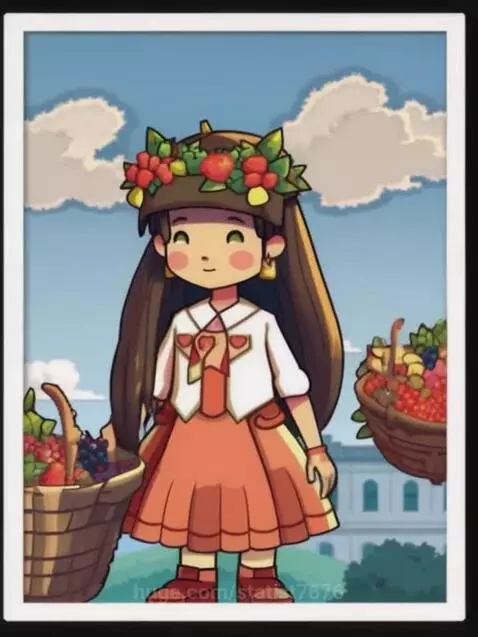Pixel art girl with brown hair, berry-decorated hat, orange dress, holding a basket of berries.