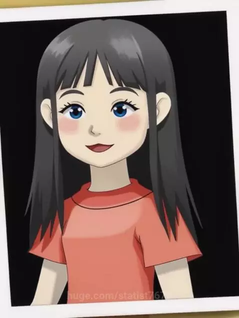 Animated young girl with black hair and blue eyes, smiling gently, framed as a polaroid photo.