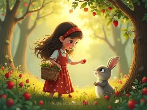 Animated girl with brown hair in a red dress offers a strawberry to a grey rabbit in a lush green forest.