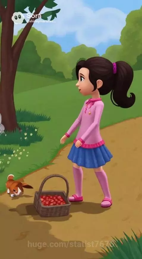 Cartoon girl with dark hair in a pink top and blue skirt in a forest, looking at a puppy-like creature and a basket of strawberries.