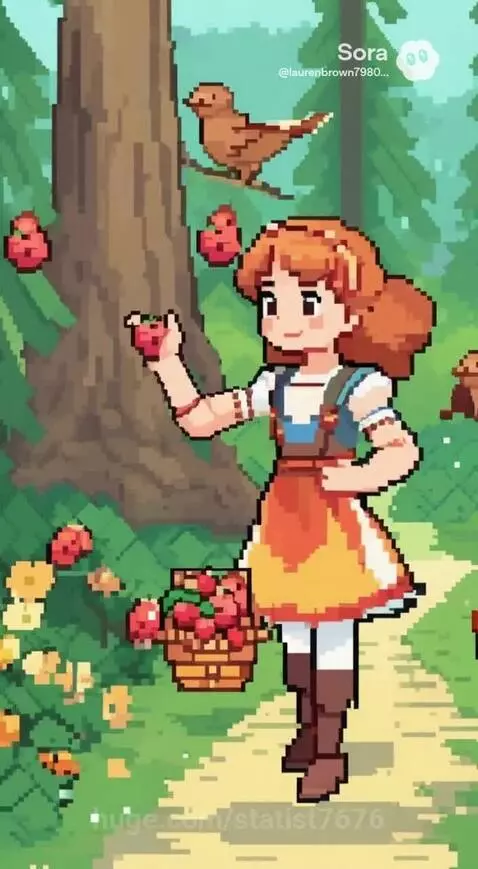 Pixel art girl with reddish-brown hair in overalls picking red berries in a green forest.