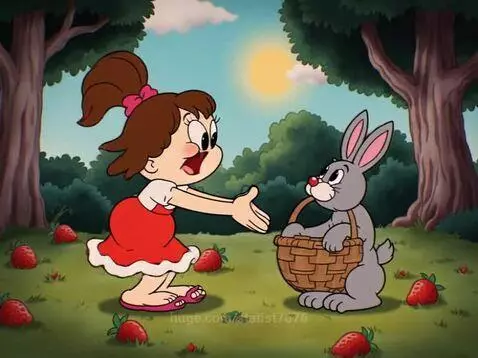 Cartoon girl in red dress with brown ponytail offering hand to grey rabbit holding basket in a strawberry field.